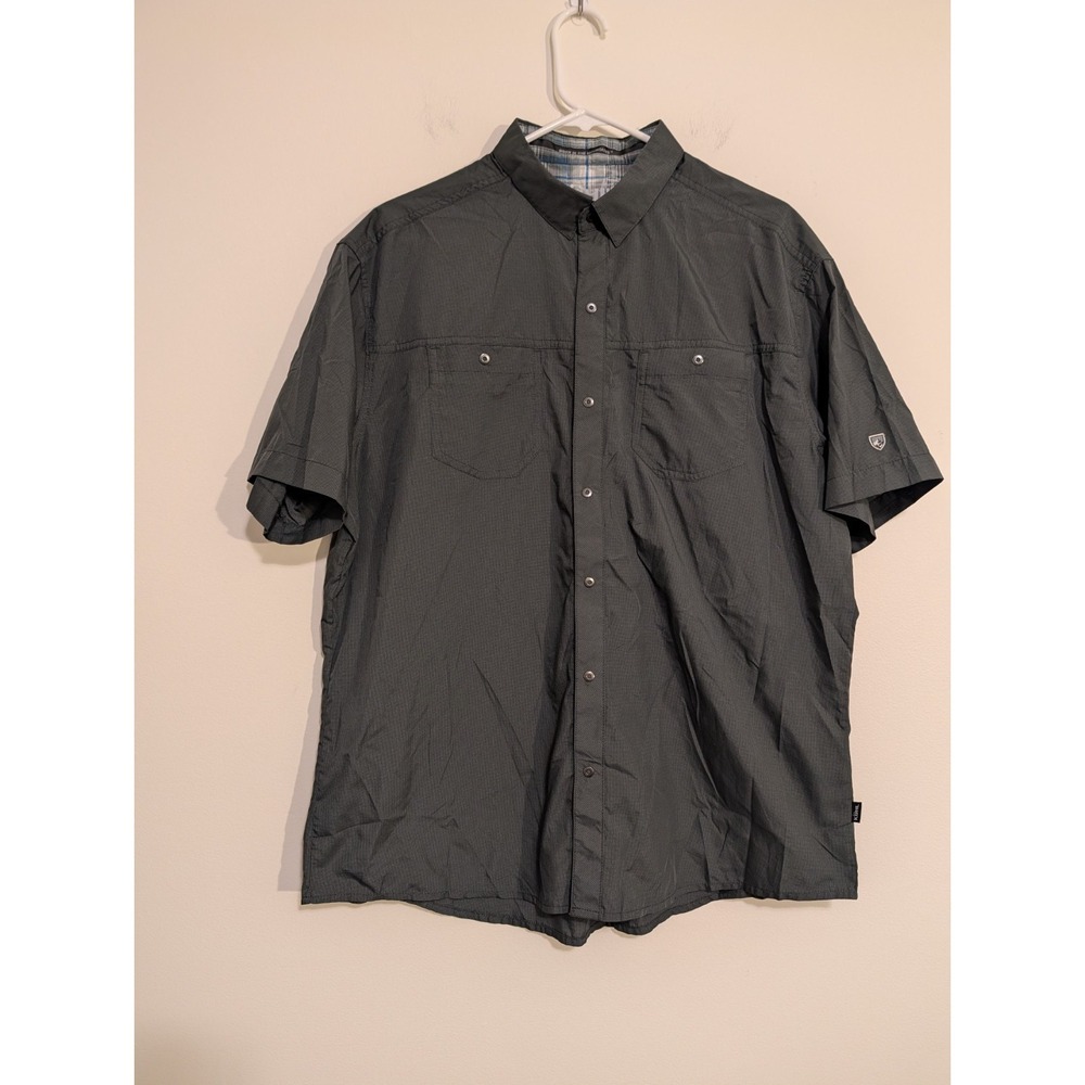 Kuhl Men's XL Green Pattern Metal Snap Button Outdoor Hiking Short Sleeve Shirt
